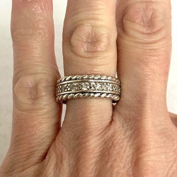 Sterling Silver 925 Chunky Inset Round Cubic Zirconia CZ Wide Band Ring Sz 5.75 - Picture 1 of 16